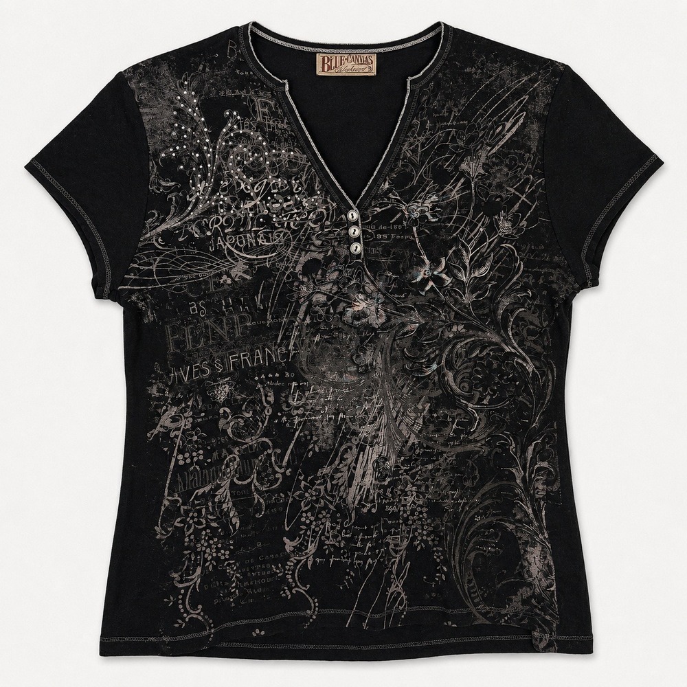 Black Graphic  Henley Top Y2K Rhinestone Blue Canyon Bella Swan XL Grunge Goth
